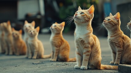 Wall Mural - Stray Cats Expectantly Waiting for Food, Sitting on Pathway Curb