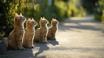 Wall Mural - Stray Cats. Many Cats of a Group Looking Up Expecting Food by the Curbside