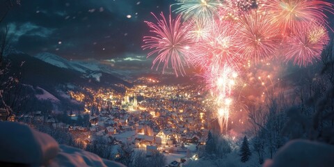 A vibrant display of fireworks lighting up the night sky over a snow-covered city, celebrating the arrival of the New Year.