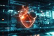 © Thanapong - A glowing, transparent human heart suspended in a futuristic medical chamber, with holographic displays showing heartbeat data and vital signs, symbolizing health and advanced technology