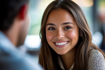 Employer interviewing job applicant and smiling, Generative AI