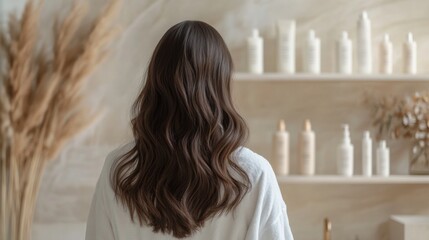 Fototapete - A woman gazes at a collection of elegant beauty products lined on shelves in a calm, minimalistic space. Her wavy hair cascades down her back as she enjoys the tranquil atmosphere.