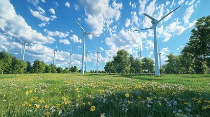 Wind turbines on a rolling green hill, clear blue sky, 3D illustration