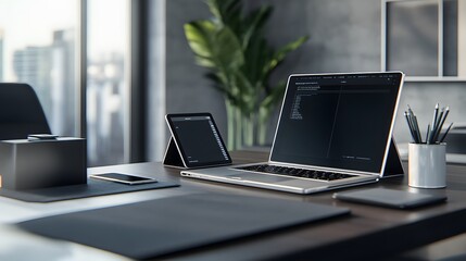 Wall Mural - Modern Office Desk with Laptop, Tablet, and Phone