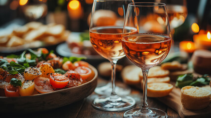 A table with a variety of food and drinks, including two wine glasses filled with red wine. The atmosphere is casual and inviting, with the wine glasses