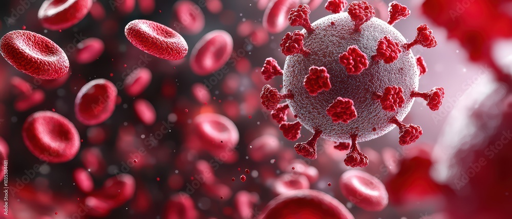 Microscopic view of red blood cells and virus particles illustrating ...
