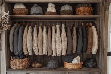 Open rustic wooden wardrobe revealing knitted clothes and accessories for cold season