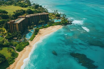 Turquoise ocean water lapping on the beach in front of a resort