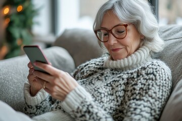 Senior woman using smartphone relaxing on sofa at home during christmas holidays