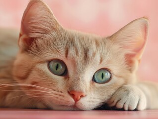 Adorable kitten face close up on pink background