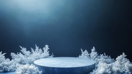 Aufkleber - A circular podium stands in a tranquil setting, surrounded by frosted vegetation. The dim blue lighting creates a serene atmosphere.