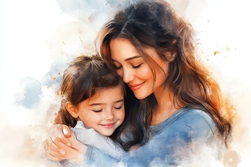 happy family, mother and children hugging, watercolor digital painting, generative ai