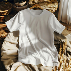 Mockup of a white t-shirt lying on the cosy holiday table.  white t-shirt lying on the home table. Mockup of a white t-shirt lying on holiday bed. White t-shirt lying on the cosy home bed.