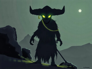 Sticker - A scary monster with horns and a green eye stands in front of a mountain. The monster is holding a stick and he is menacing