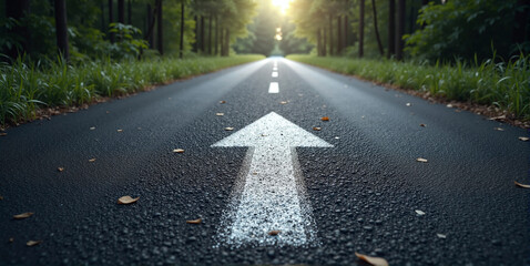 Arrow on the asphalt of a road towards the horizon, stay straight on the path and direction to destination