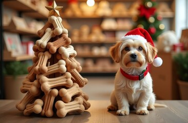 Small white dog wearing a Santa hat on the background of a pet shop decorated for Christmas, next to big Christmas tree made of bones for dogs, card