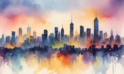 vibrant watercolor city skyline for travel postcards and urban-themed designs