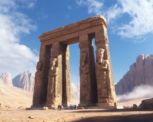 A majestic stone archway features towering sculptures against a backdrop of mountains and blue skies, inviting exploration and admiration.