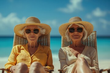 Two older women sit comfortably in lounge chairs by the ocean, savoring the sun and beautiful turquoise water