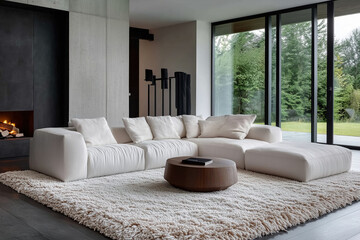 Cozy modern living room featuring a plush sectional sofa and a wooden coffee table in a serene setting surrounded by greenery. Generative AI