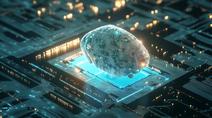 A 3D illustration representing concepts of artificial intelligence (AI), machine learning, and modern computer technologies, highlighting their intersection with business, technology, and the internet