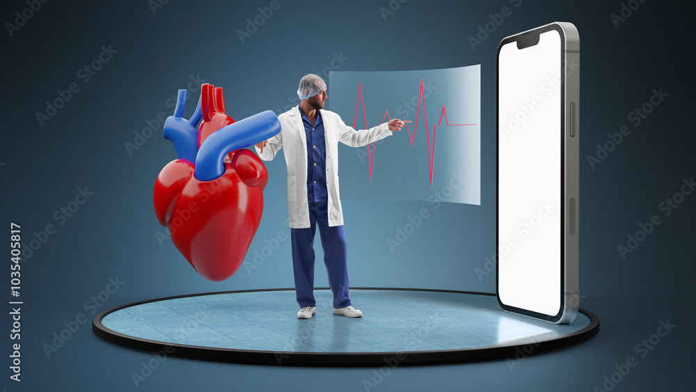 Doctor standing in front of large heart model and an ECG display ...