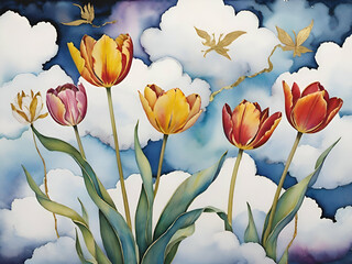 Tulips floating on clouds, abstract art