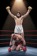© ana - Unique creative concept of Jesus Christ as boxer fighter in a boxing ring against the devil. Jesus is victorious over evil. Jesus Christ defeating the demon. The devil is on the ground in defeat.