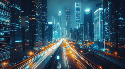 A futuristic cityscape with skyscrapers consisting of digital screens and billboards displaying various data, and cars speeding on the highway, high-tech road and highway lighting.