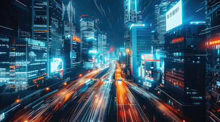 Poster - A futuristic cityscape with skyscrapers consisting of digital screens and billboards displaying various data, and cars speeding on the highway, high-tech road and highway lighting.