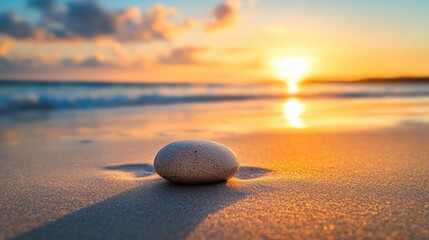 As the sun sets, a little, polished stone perches precariously on the fine sand at the beach, bathing the landscape in a warm glow.