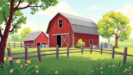 Charming Cartoon Farm with Red Barn and Country Landscape