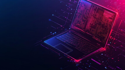 Concept of programming script development illustrated with a graphic of a laptop displaying binary code and digital elements.



