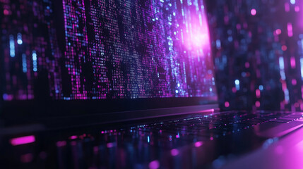 Concept of programming script development illustrated with a graphic of a laptop displaying binary code and digital elements.



