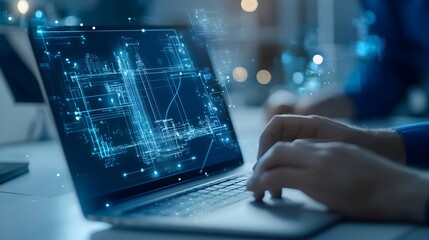 Futuristic Digital Interface with Glowing Graphs and Data Visualizations on Laptop Screen