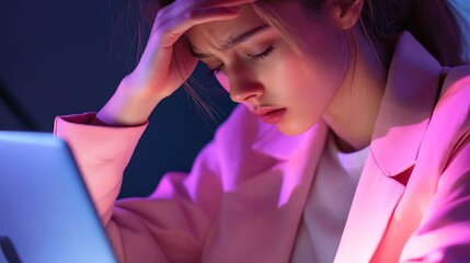 A young woman with a worried expression sits at her desk, holding her head in her hand. She looks exhausted and stressed, possibly facing a challenging deadline.