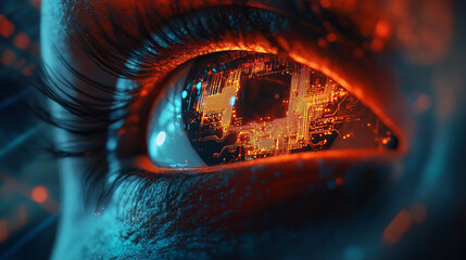 Cyber circuit design featuring an eye, representing a future technology concept background