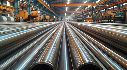 Poster - Stainless steel large diameter pipe production at large factory, industrial workshop.