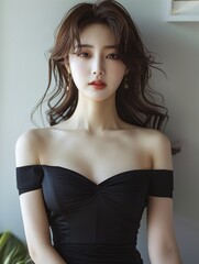 Canvas Print - A beautiful Korean woman in a black off-the-shoulder dress.