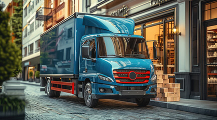 New modern delivery truck with blue cabin with red stripes, parked at the store front, parcel boxes stacked by the store doorstep, sunny day, summer time.