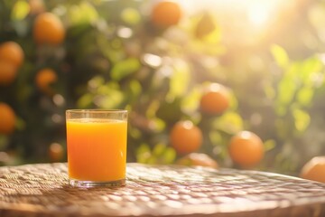 Ground level angle view, wicker surface with blurred orange grove and soft morning light, highlighting a glass of fresh-squeezed orange juice, ad promo template, juice branding, citrus decor 