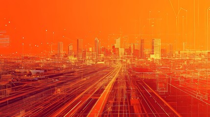 Futuristic Cityscape with Connected Lines and Orange Overlay Embracing a Digital Future,