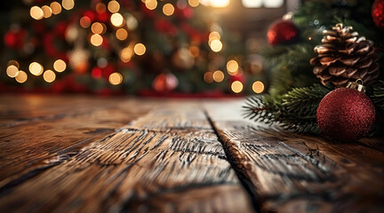 A floor or wooden table top with Christmas background.