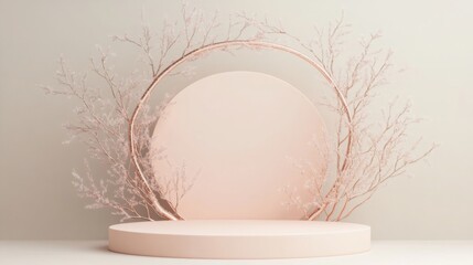 Fototapete - A soft pink setting features a circular platform surrounded by delicate branches. This minimalist design is perfect for showcasing various creative displays, enhancing any artistic presentation.