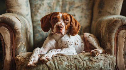 A happy Hungarian Pointer lounging on a ripped armchair, embodying a relaxed pet lifestyle concept.



