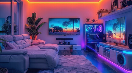 Gaming room, TV, Speaker, Light, Neon, Carpet, Big Sofa similar with Bed, Mic, Headphone, 4 monitors, keyboard, mouse, gaming chair.