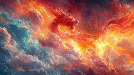 Wall Mural - Fiery dragon soars through swirling clouds.