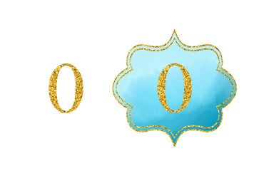 Golden Number 0. Bright scrapbook blue watercolor element on white background