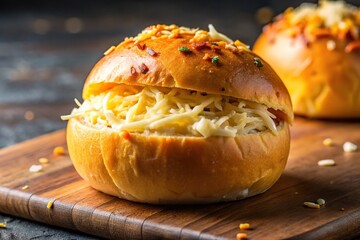 Low angle view of hot roll with melted cheddar and parmesan cheese