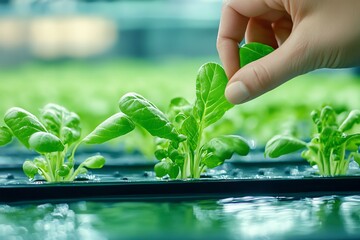 A hand gently picking fresh green lettuce leaves from a vibrant hydroponic garden, showcasing sustainable farming practices.